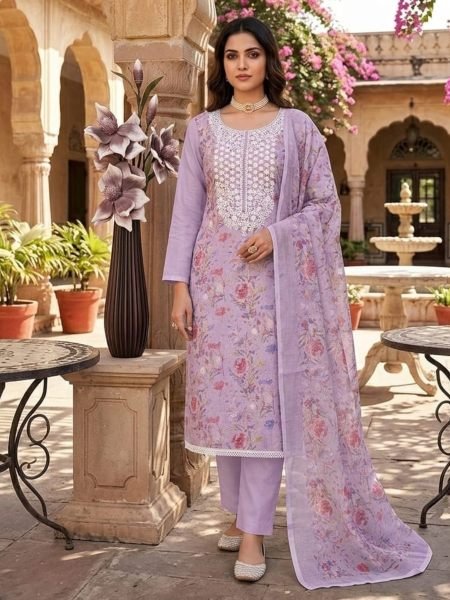 Graceful Purple Mal Cotton Digital Print Top with Kodding Work and Printed Dupatta 