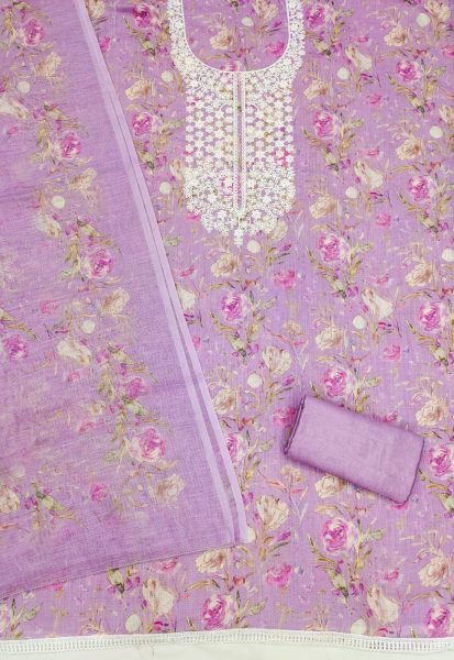 Graceful Purple Mal Cotton Digital Print Top with Kodding Work and Printed Dupatta Color Set Matching Dress Material Wholesale