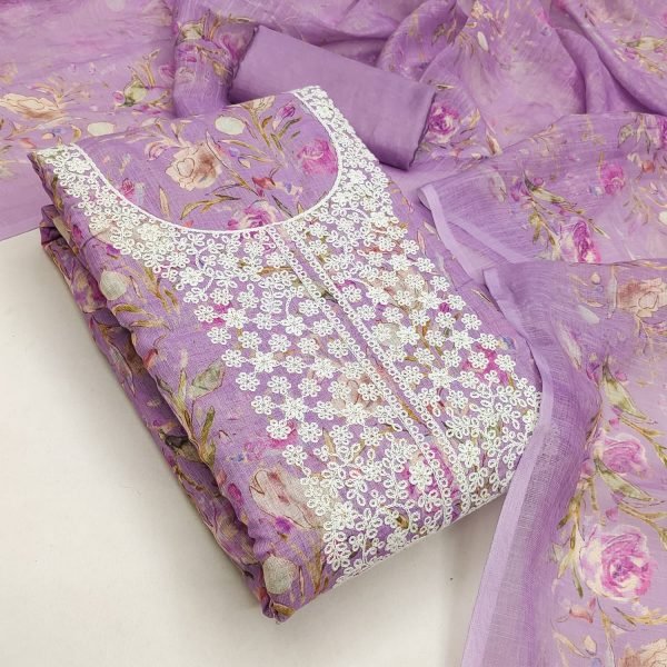 Graceful Purple Mal Cotton Digital Print Top with Kodding Work and Printed Dupatta Color Set Matching Dress Material Wholesale