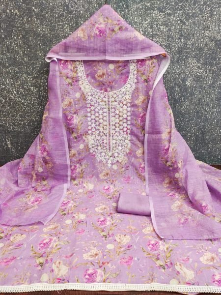 Graceful Purple Mal Cotton Digital Print Top with Kodding Work and Printed Dupatta Color Set Matching Dress Material Wholesale