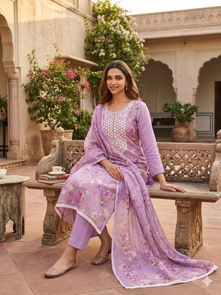 Graceful Purple Mal Cotton Digital Print Top with Kodding Work and Printed Dupatta Color Set Matching Dress Material Wholesale