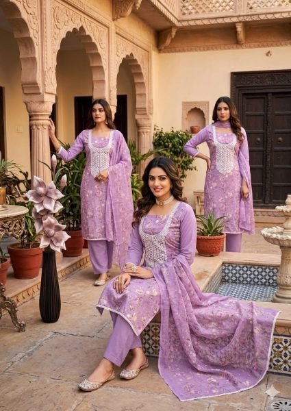 Graceful Purple Mal Cotton Digital Print Top with Kodding Work and Printed Dupatta Color Set Matching Dress Material Wholesale