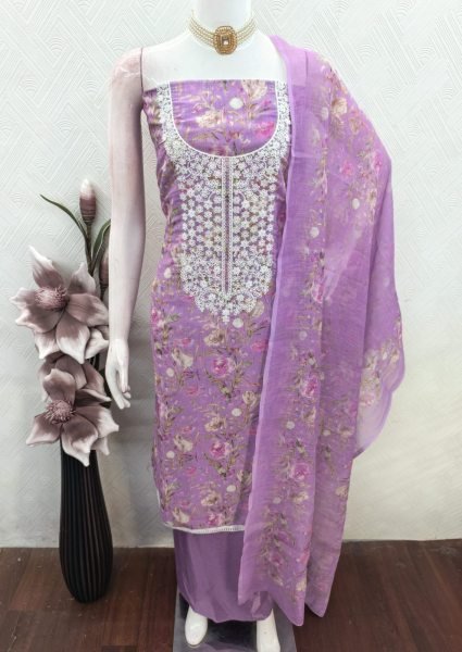 Graceful Purple Mal Cotton Digital Print Top with Kodding Work and Printed Dupatta Color Set Matching Dress Material Wholesale