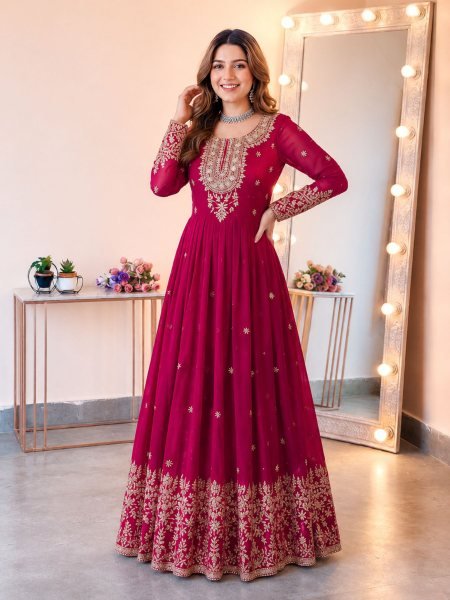 Graceful Rani Pink Georgette Gown Set With Embroidered Work On Neck Design Ready To Wear Suit