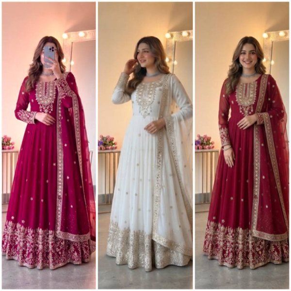 Graceful Rani Pink Georgette Gown Set With Embroidered Work On Neck Design Ready To Wear Collection