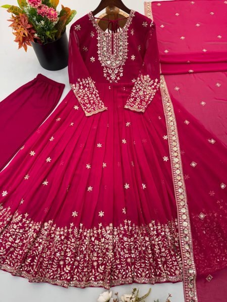 Graceful Rani Pink Georgette Gown Set With Embroidered Work On Neck Design Ready To Wear Collection