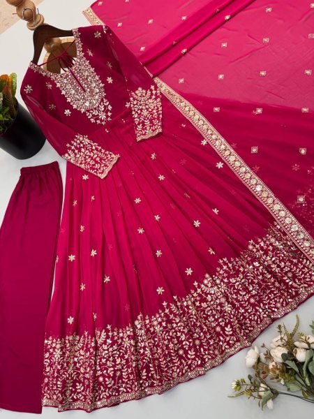 Graceful Rani Pink Georgette Gown Set With Embroidered Work On Neck Design Ready To Wear Collection