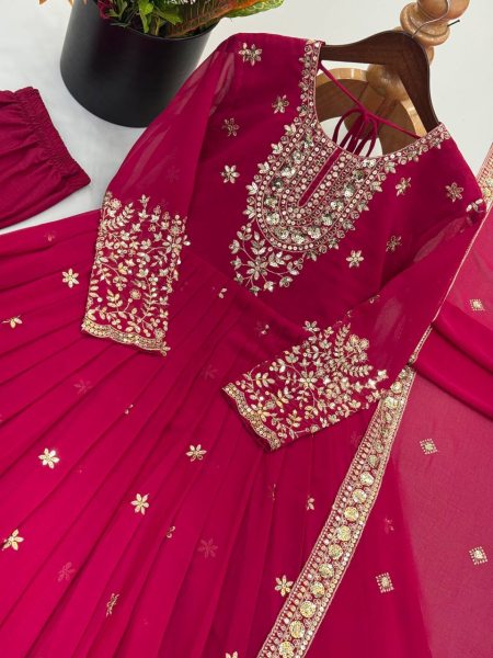 Graceful Rani Pink Georgette Gown Set With Embroidered Work On Neck Design Ready To Wear Collection
