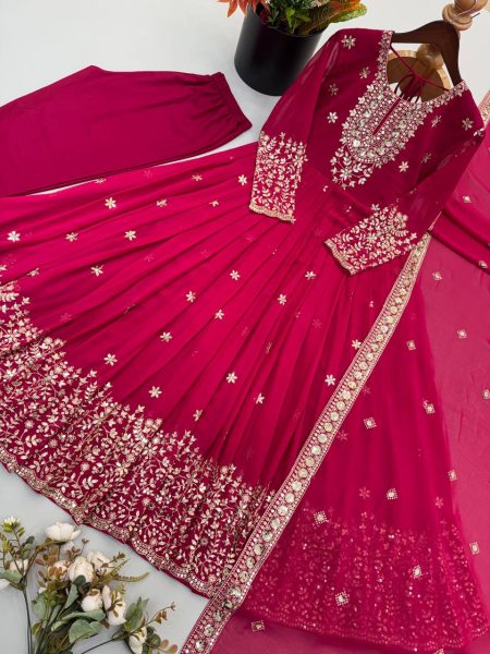 Graceful Rani Pink Georgette Gown Set With Embroidered Work On Neck Design Ready To Wear Collection