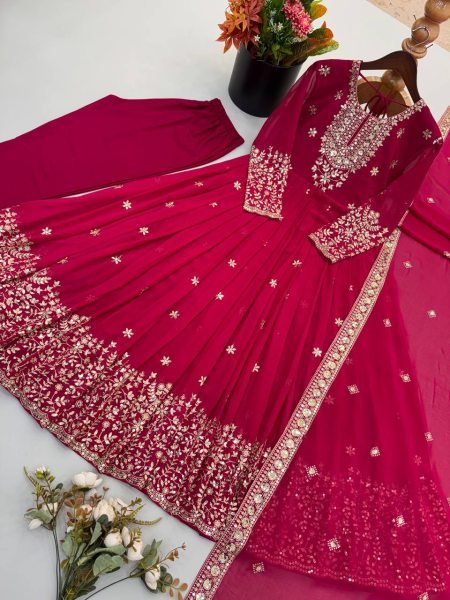 Graceful Rani Pink Georgette Gown Set With Embroidered Work On Neck Design Ready To Wear Collection