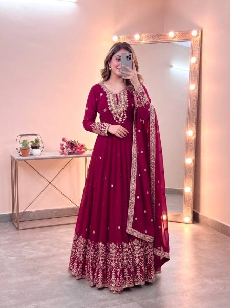 Graceful Rani Pink Georgette Gown Set With Embroidered Work On Neck Design Ready To Wear Collection