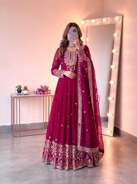 Graceful Rani Pink Georgette Gown Set With Embroidered Work On Neck Design Ready To Wear Collection