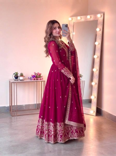 Graceful Rani Pink Georgette Gown Set With Embroidered Work On Neck Design Ready To Wear Collection