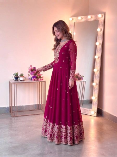 Graceful Rani Pink Georgette Gown Set With Embroidered Work On Neck Design Ready To Wear Collection