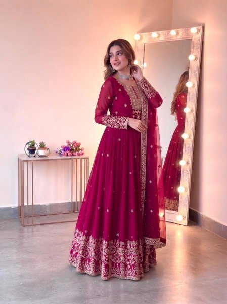 Graceful Rani Pink Georgette Gown Set With Embroidered Work On Neck Design Ready To Wear Collection