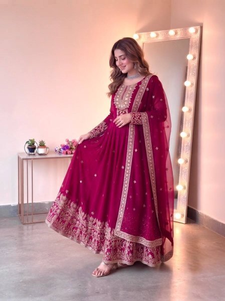 Graceful Rani Pink Georgette Gown Set With Embroidered Work On Neck Design Ready To Wear Collection