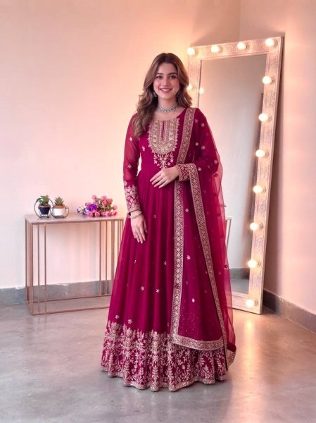 Graceful Rani Pink Georgette Gown Set With Embroidered Work On Neck Design Ready To Wear Collection