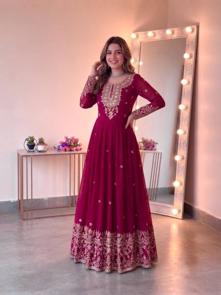 Graceful Rani Pink Georgette Gown Set With Embroidered Work On Neck Design Ready To Wear Collection