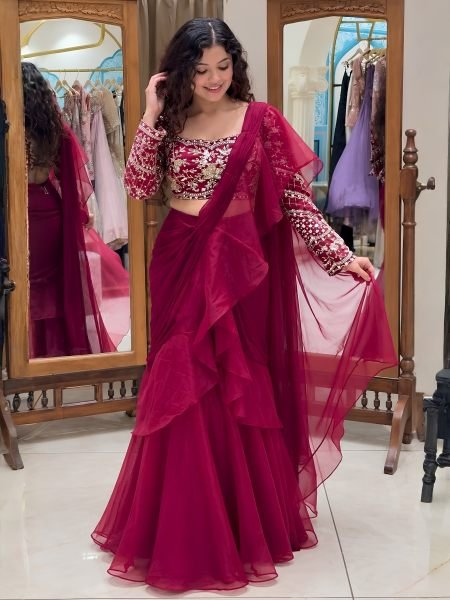 Graceful Rani Pink Teby Silk Lehenga Saree with Full Sleeve Embroidered Blouse Sarees 