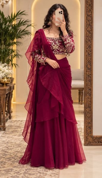 Graceful Rani Pink Teby Silk Lehenga Saree with Full Sleeve Embroidered Blouse Ready To Wear Saree 