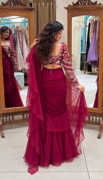 Graceful Rani Pink Teby Silk Lehenga Saree with Full Sleeve Embroidered Blouse Ready To Wear Saree 