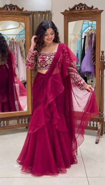Graceful Rani Pink Teby Silk Lehenga Saree with Full Sleeve Embroidered Blouse Ready To Wear Saree 