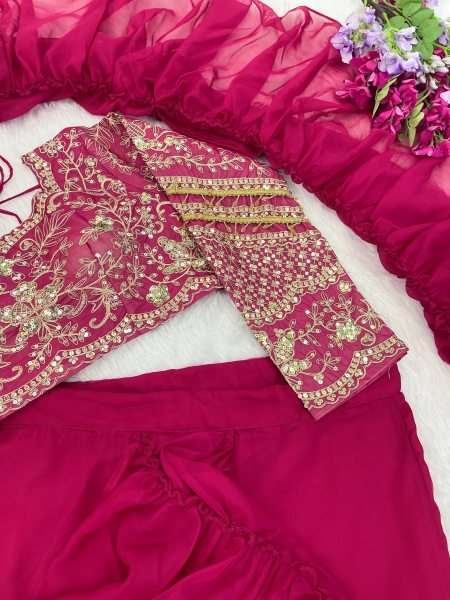 Graceful Rani Pink Teby Silk Lehenga Saree with Full Sleeve Embroidered Blouse Ready To Wear Saree 