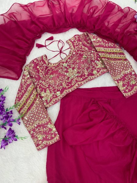 Graceful Rani Pink Teby Silk Lehenga Saree with Full Sleeve Embroidered Blouse Ready To Wear Saree 