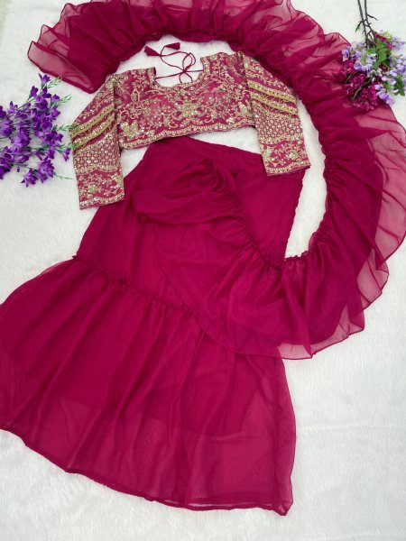 Graceful Rani Pink Teby Silk Lehenga Saree with Full Sleeve Embroidered Blouse Ready To Wear Saree 