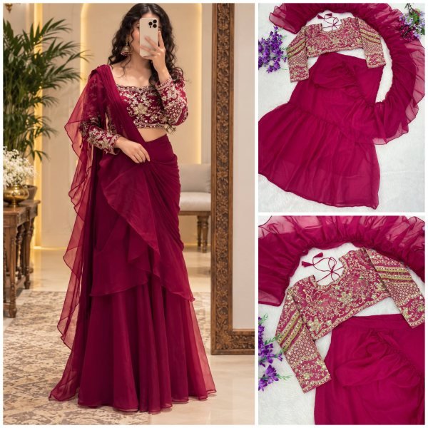 Graceful Rani Pink Teby Silk Lehenga Saree with Full Sleeve Embroidered Blouse Ready To Wear Saree 