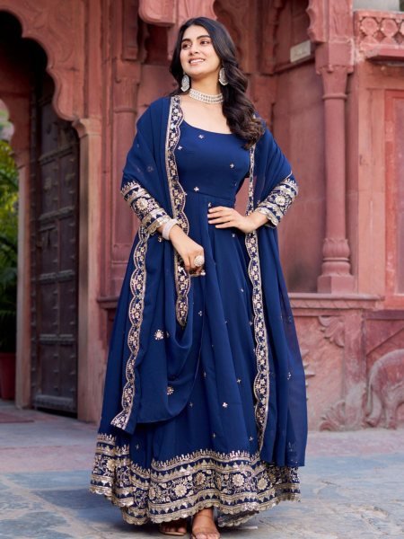 Graceful Ready to Wear Anarkali Gown Set in Navy Blue Styled for Royal Celebrations Kurtis
