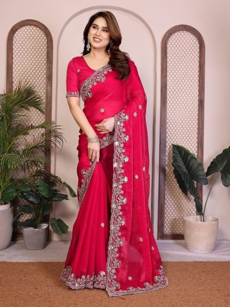 Graceful Red Fendy Chiffon Silk Saree with Butta Embroidery and Designer Blouse Pure Chiffon Sarees Wholesale