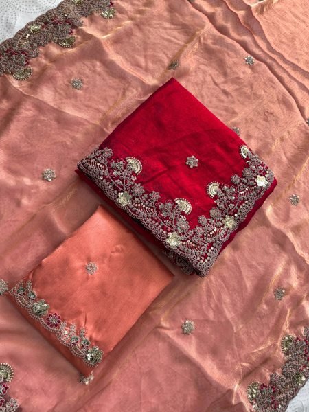 Graceful Red Fendy Chiffon Silk Saree with Butta Embroidery and Designer Blouse Pure Chiffon Sarees Wholesale