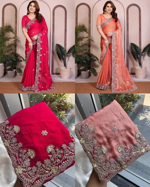 Graceful Red Fendy Chiffon Silk Saree with Butta Embroidery and Designer Blouse Pure Chiffon Sarees Wholesale