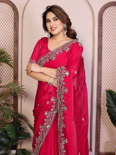 Graceful Red Fendy Chiffon Silk Saree with Butta Embroidery and Designer Blouse Pure Chiffon Sarees Wholesale