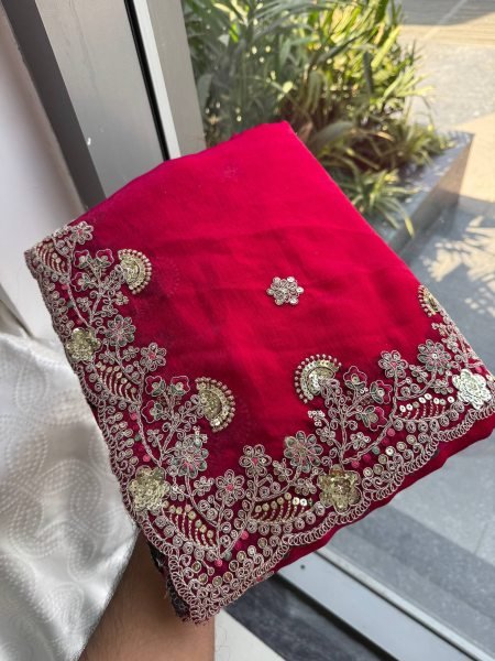 Graceful Red Fendy Chiffon Silk Saree with Butta Embroidery and Designer Blouse Pure Chiffon Sarees Wholesale