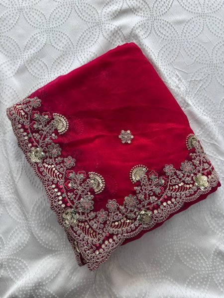 Graceful Red Fendy Chiffon Silk Saree with Butta Embroidery and Designer Blouse Pure Chiffon Sarees Wholesale