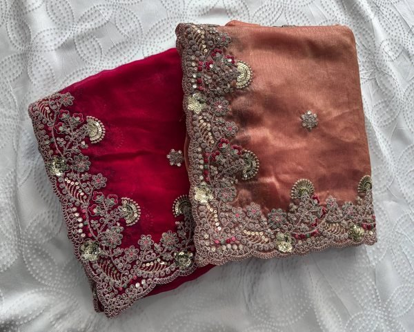 Graceful Red Fendy Chiffon Silk Saree with Butta Embroidery and Designer Blouse Pure Chiffon Sarees Wholesale