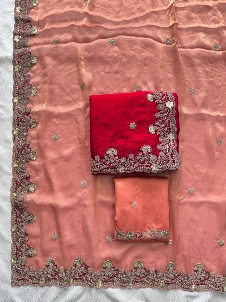 Graceful Red Fendy Chiffon Silk Saree with Butta Embroidery and Designer Blouse Pure Chiffon Sarees Wholesale