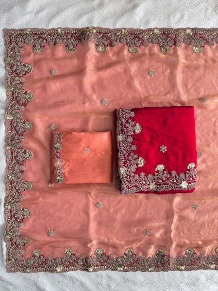 Graceful Red Fendy Chiffon Silk Saree with Butta Embroidery and Designer Blouse Pure Chiffon Sarees Wholesale