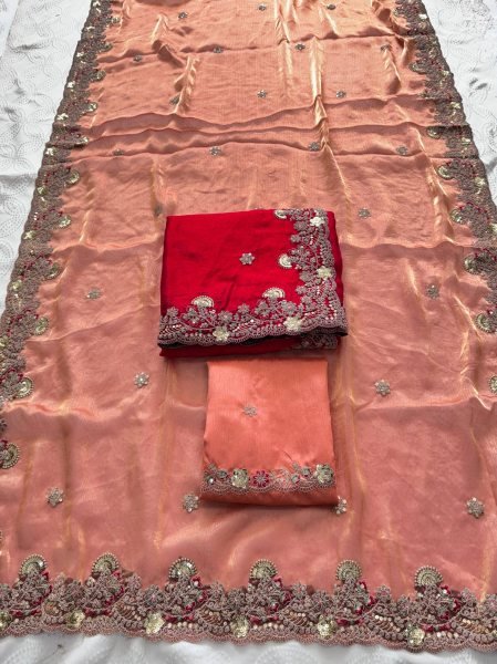 Graceful Red Fendy Chiffon Silk Saree with Butta Embroidery and Designer Blouse Pure Chiffon Sarees Wholesale