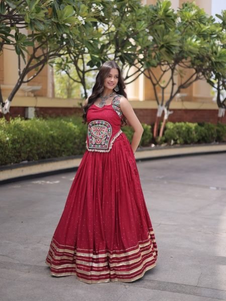 Graceful Red Festive Wear Reyon Lehenga Choli with Mirror Work Blouse at Manufacturer Rate