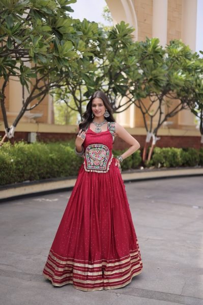 Graceful Red Festive Wear Reyon Lehenga Choli with Mirror Work Blouse at Manufacturer Rate Navratri Lehnega Choli
