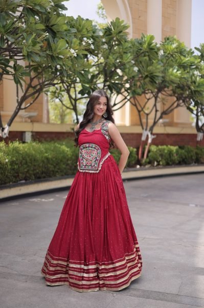 Graceful Red Festive Wear Reyon Lehenga Choli with Mirror Work Blouse at Manufacturer Rate Navratri Lehnega Choli
