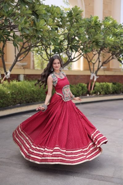 Graceful Red Festive Wear Reyon Lehenga Choli with Mirror Work Blouse at Manufacturer Rate Navratri Lehnega Choli