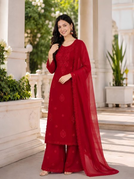 Graceful Red Fox Blooming Georgette Embroidered Top Plazzo Dupatta Set at Wholesale Rate 