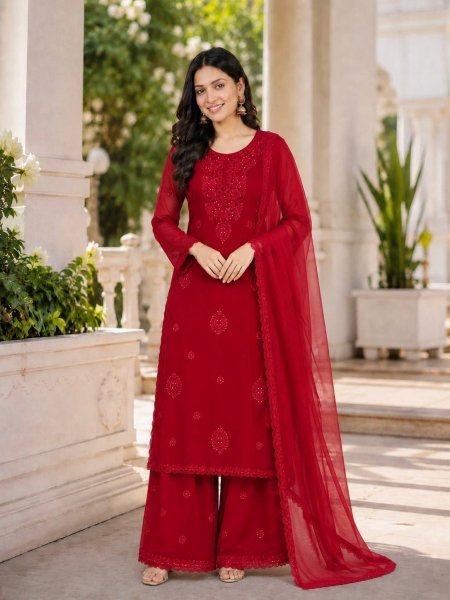 Graceful Red Fox Blooming Georgette Embroidered Top Plazzo Dupatta Set at Wholesale Rate Ready To Wear Collection