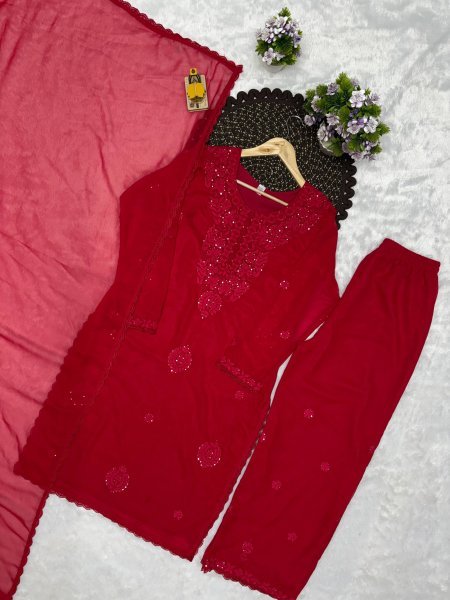 Graceful Red Fox Blooming Georgette Embroidered Top Plazzo Dupatta Set at Wholesale Rate Ready To Wear Collection