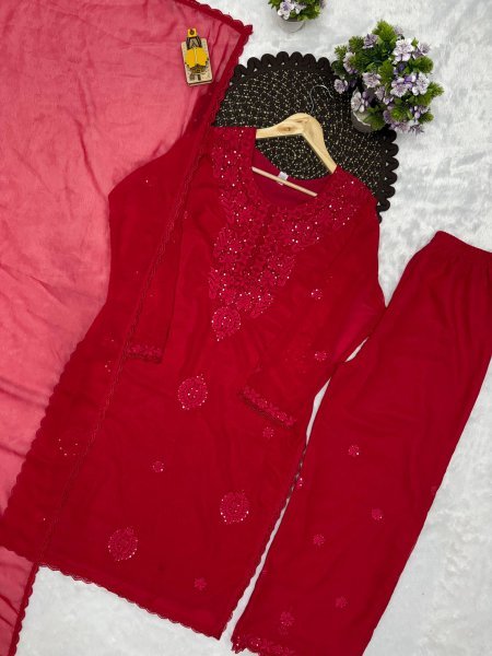 Graceful Red Fox Blooming Georgette Embroidered Top Plazzo Dupatta Set at Wholesale Rate Ready To Wear Collection