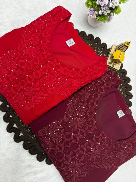 Graceful Red Fox Blooming Georgette Embroidered Top Plazzo Dupatta Set at Wholesale Rate Ready To Wear Collection
